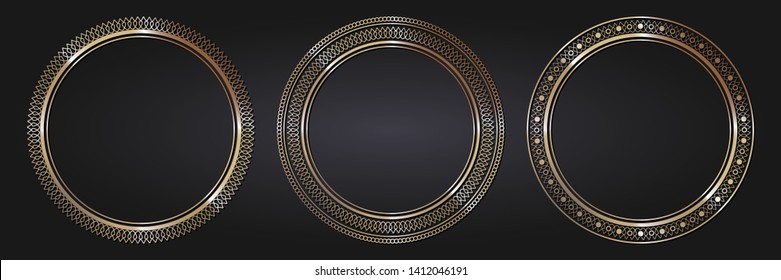 design with abstract gold floral pattern. Circle frame. Templates for printing postcards, invitations, books, for textiles, engraving,  forging. Vector