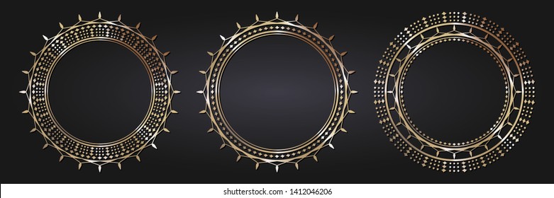 design with abstract gold floral pattern. Circle frame. Templates for printing postcards, invitations, books, for textiles, engraving,  forging. Vector