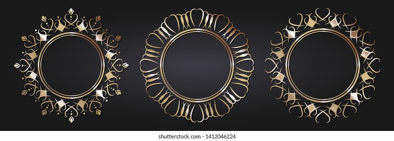 design with abstract gold floral pattern. Circle frame. Templates for printing postcards, invitations, books, for textiles, engraving,  forging. Vector