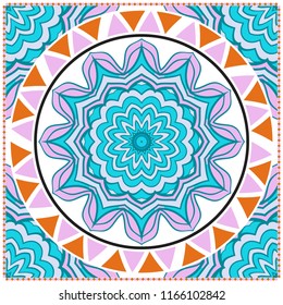 Design with abstract hand drawn floral color mandala pattern with decorative element. Vector illustration. Template design for card, shawl, bandanna, fashion print.