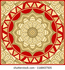 Design with abstract hand drawn floral color mandala pattern with decorative element. Vector illustration. Template design for card, shawl, bandanna, fashion print.
