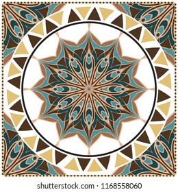 Design with abstract hand drawn floral color mandala pattern with decorative element. Vector illustration. Template design for card, shawl, bandanna, fashion print.