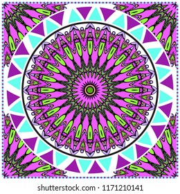 Design with abstract hand drawn floral color mandala pattern with decorative element. Vector illustration. Template design for card, shawl, bandanna, fashion print.