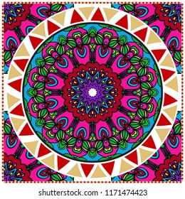 Design with abstract hand drawn floral color mandala pattern with decorative element. Vector illustration. Template design for card, shawl, bandanna, fashion print.