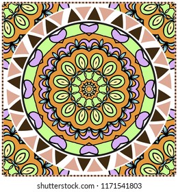 Design with abstract hand drawn floral color mandala pattern with decorative element. Vector illustration. Template design for card, shawl, bandanna, fashion print.