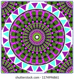 Design with abstract hand drawn floral color mandala pattern with decorative element. Vector illustration. Template design for card, shawl, bandanna, fashion print.