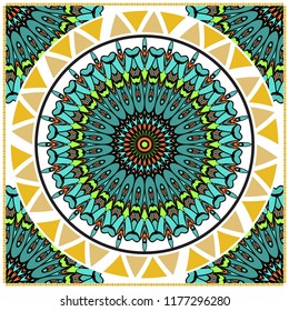 Design with abstract hand drawn floral color mandala pattern with decorative element. Vector illustration. Template design for card, shawl, bandanna, fashion print.