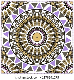Design with abstract hand drawn floral color mandala pattern with decorative element. Vector illustration. Template design for card, shawl, bandanna, fashion print.
