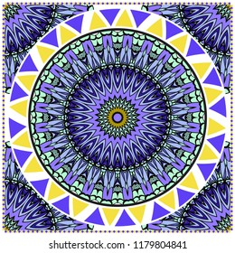 Design with abstract hand drawn floral color mandala pattern with decorative element. Vector illustration. Template design for card, shawl, bandanna, fashion print.