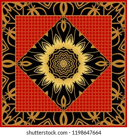 Design with abstract hand drawn floral color mandala pattern with decorative element. Vector illustration. Template design for card, shawl, bandanna, fashion print.