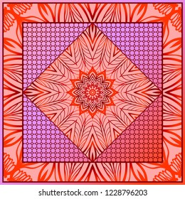 Design with abstract hand drawn floral geometric pattern with decorative element. Vector illustration. Template design for card, shawl, bandanna, fashion print.