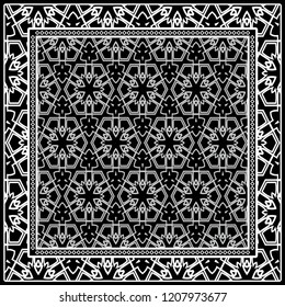 Design with abstract hand drawn geometric pattern with decorative element. Vector illustration. Template design for card, shawl, bandanna, fashion print.
