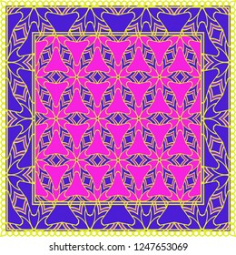 Design With Abstract Hand Drawn Geometric Pattern With Decorative Element. Vector Illustration. Template Design For Card, Shawl, Bandanna, Fashion Print.