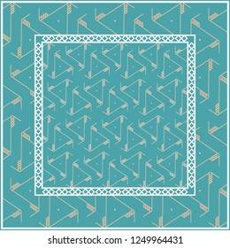 Design with abstract hand drawn geometric pattern with decorative element. Vector illustration. Template design for card, shawl, bandanna, fashion print. Blue.