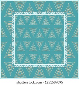 Design with abstract hand drawn geometric pattern with decorative element. Vector illustration. Template design for card, shawl, bandanna, fashion print. Blue.