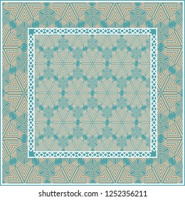 Design with abstract hand drawn geometric pattern with decorative element. Vector illustration. Template design for card, shawl, bandanna, fashion print. Blue.