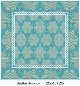 Design with abstract hand drawn geometric pattern with decorative element. Vector illustration. Template design for card, shawl, bandanna, fashion print. Blue.