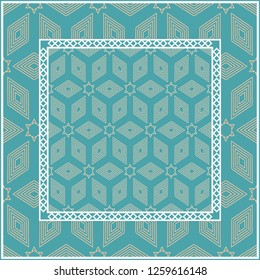 Design with abstract hand drawn geometric pattern with decorative element. Vector illustration. Template design for card, shawl, bandanna, fashion print. Blue.