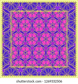 Design With Abstract Hand Drawn Geometric Pattern With Decorative Element. Vector Illustration. Template Design For Card, Shawl, Bandanna, Fashion Print.