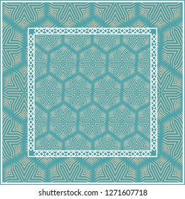 Design with abstract hand drawn geometric pattern with decorative element. Vector illustration. Template design for card, shawl, bandanna, fashion print. Blue.