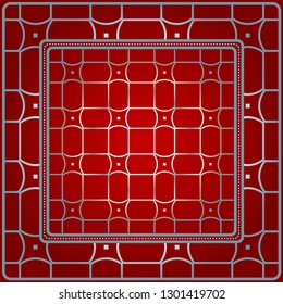 Design With Abstract Hand Drawn Geometric Pattern With Decorative Element. Vector Illustration. Template Design For Card, Shawl, Bandanna, Fashion Print. Red silver color.