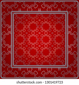 Design With Abstract Hand Drawn Geometric Pattern With Decorative Element. Vector Illustration. Template Design For Card, Shawl, Bandanna, Fashion Print. Red silver color.