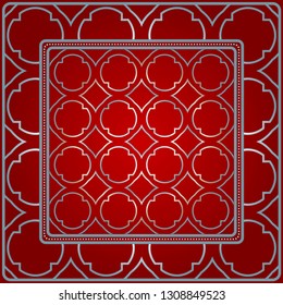 Design With Abstract Hand Drawn Geometric Pattern With Decorative Element. Vector Illustration. Template Design For Card, Shawl, Bandanna, Fashion Print. Red silver color.