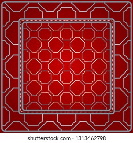 Design With Abstract Hand Drawn Geometric Pattern With Decorative Element. Vector Illustration. Template Design For Card, Shawl, Bandanna, Fashion Print. Red silver color.