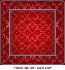 Design With Abstract Hand Drawn Geometric Pattern With Decorative Element. Vector Illustration. Template Design For Card, Shawl, Bandanna, Fashion Print. Red silver color.