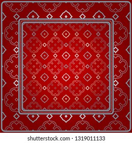 Design With Abstract Hand Drawn Geometric Pattern With Decorative Element. Vector Illustration. Template Design For Card, Shawl, Bandanna, Fashion Print. Red silver color.