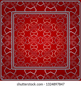 Design With Abstract Hand Drawn Geometric Pattern With Decorative Element. Vector Illustration. Template Design For Card, Shawl, Bandanna, Fashion Print. Red silver color.