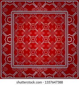Design With Abstract Hand Drawn Geometric Pattern With Decorative Element. Vector Illustration. Template Design For Card, Shawl, Bandanna, Fashion Print. Red silver color.