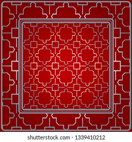 Design With Abstract Hand Drawn Geometric Pattern With Decorative Element. Vector Illustration. Template Design For Card, Shawl, Bandanna, Fashion Print. Red silver color.