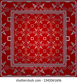 Design With Abstract Hand Drawn Geometric Pattern With Decorative Element. Vector Illustration. Template Design For Card, Shawl, Bandanna, Fashion Print. Red silver color.