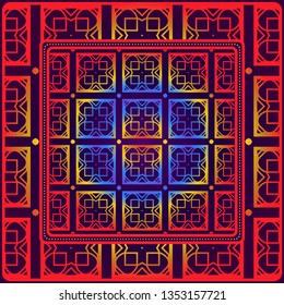 Design With Abstract Hand Drawn Geometric Pattern With Decorative Element. Vector Illustration. Template Design For Card, Shawl, Bandanna, Fashion Print.