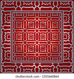 Design With Abstract Hand Drawn Geometric Pattern With Decorative Element. Vector Illustration. Template Design For Card, Shawl, Bandanna, Fashion Print. Red silver color.