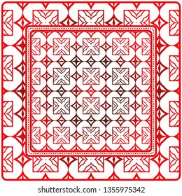 Design With Abstract Hand Drawn Geometric Pattern With Decorative Element. Vector Illustration. Template Design For Card, Shawl, Bandanna, Fashion Print.