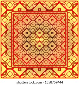 Design With Abstract Hand Drawn Geometric Pattern With Decorative Element. Vector Illustration. Template Design For Card, Shawl, Bandanna, Fashion Print.