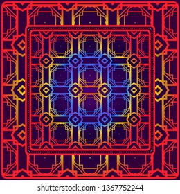 Design With Abstract Hand Drawn Geometric Pattern With Decorative Element. Vector Illustration. Template Design For Card, Shawl, Bandanna, Fashion Print.