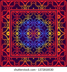 Design With Abstract Hand Drawn Geometric Pattern With Decorative Element. Vector Illustration. Template Design For Card, Shawl, Bandanna, Fashion Print.