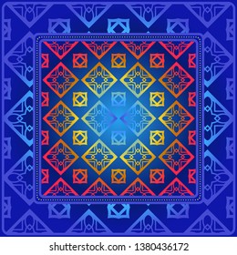 Design With Abstract Hand Drawn Geometric Pattern With Decorative Element. Vector Illustration. Template Design For Card, Shawl, Bandanna, Fashion Print.