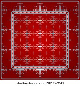 Design With Abstract Hand Drawn Geometric Pattern With Decorative Element. Vector Illustration. Template Design For Card, Shawl, Bandanna, Fashion Print. Red silver color.