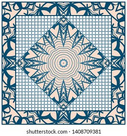Design With Abstract Hand Drawn Geometric Pattern With Decorative Element. Vector Illustration. Template Design For Card, Shawl, Bandanna, Fashion Print.
