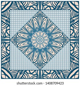 Design With Abstract Hand Drawn Geometric Pattern With Decorative Element. Vector Illustration. Template Design For Card, Shawl, Bandanna, Fashion Print.