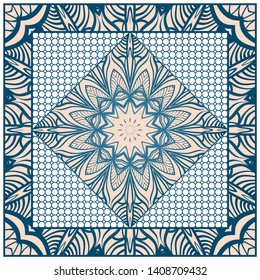 Design With Abstract Hand Drawn Geometric Pattern With Decorative Element. Vector Illustration. Template Design For Card, Shawl, Bandanna, Fashion Print.