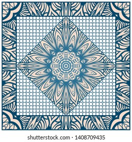 Design With Abstract Hand Drawn Geometric Pattern With Decorative Element. Vector Illustration. Template Design For Card, Shawl, Bandanna, Fashion Print.