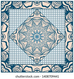 Design With Abstract Hand Drawn Geometric Pattern With Decorative Element. Vector Illustration. Template Design For Card, Shawl, Bandanna, Fashion Print.