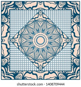 Design With Abstract Hand Drawn Geometric Pattern With Decorative Element. Vector Illustration. Template Design For Card, Shawl, Bandanna, Fashion Print.
