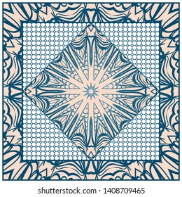 Design With Abstract Hand Drawn Geometric Pattern With Decorative Element. Vector Illustration. Template Design For Card, Shawl, Bandanna, Fashion Print.