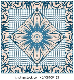 Design With Abstract Hand Drawn Geometric Pattern With Decorative Element. Vector Illustration. Template Design For Card, Shawl, Bandanna, Fashion Print.